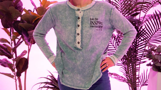 Long Sleeve Henley Distressed Green T-Shirt